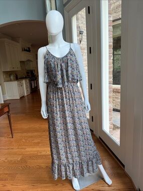 Backstage Sleeveless Floral Maxi Dress with Ruffle Overlay in Muted Blue
